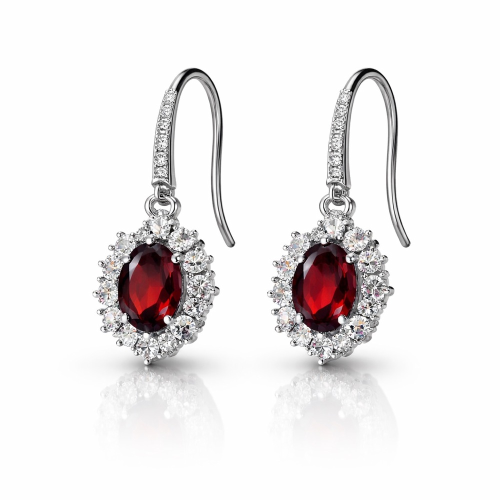 Glamorous Silver and Red Crystal Drop Earrings